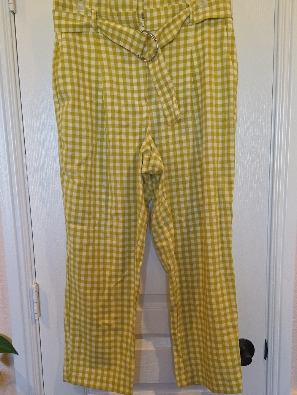 Ann Taylor Yellow Green Gingham Straight-Leg Pants with Belt, Size 8